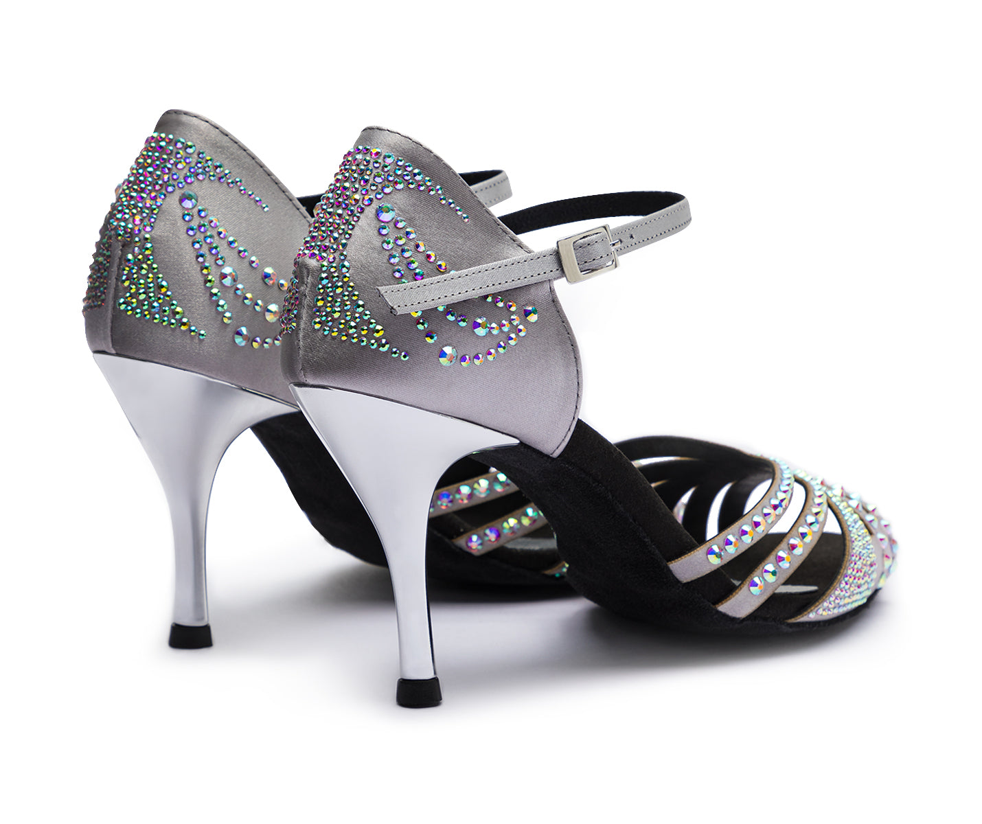 DQ L3M Tanzschuhe in Silber mit Strass von Dancing Queens, ideal für Bachata oder Salsa mit Fesselriemchen und glänzenden Stilettos.